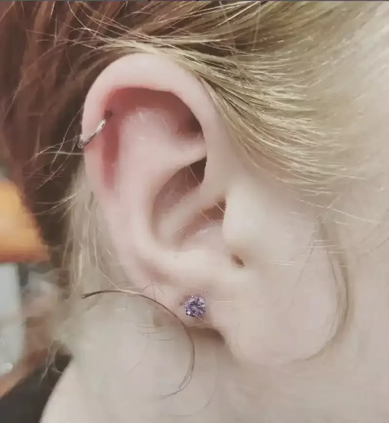 Fresh helix piercing using a titanium clicker hoop done by Amber Paje of James River Tattoo in Carrollton Virginia