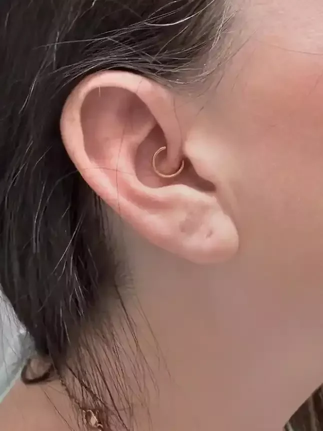 Fresh daith piercing using a Gold PVD clicker done by Amber Paje of James River Tattoo in Carrollton Virginia